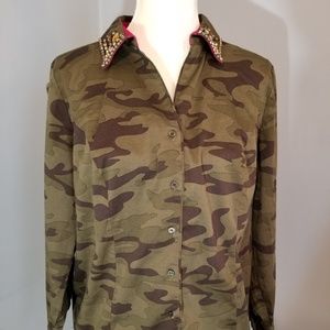 Lane Bryant Camo Honey Rhinestone Collar Shirt